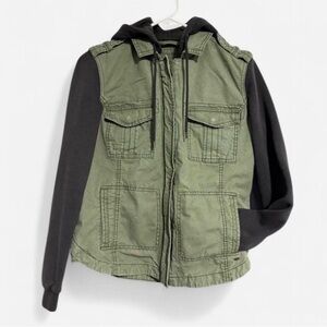 American Eagle Outfitters Green Military Jacket with Black Hoodie Sleeves & Hood